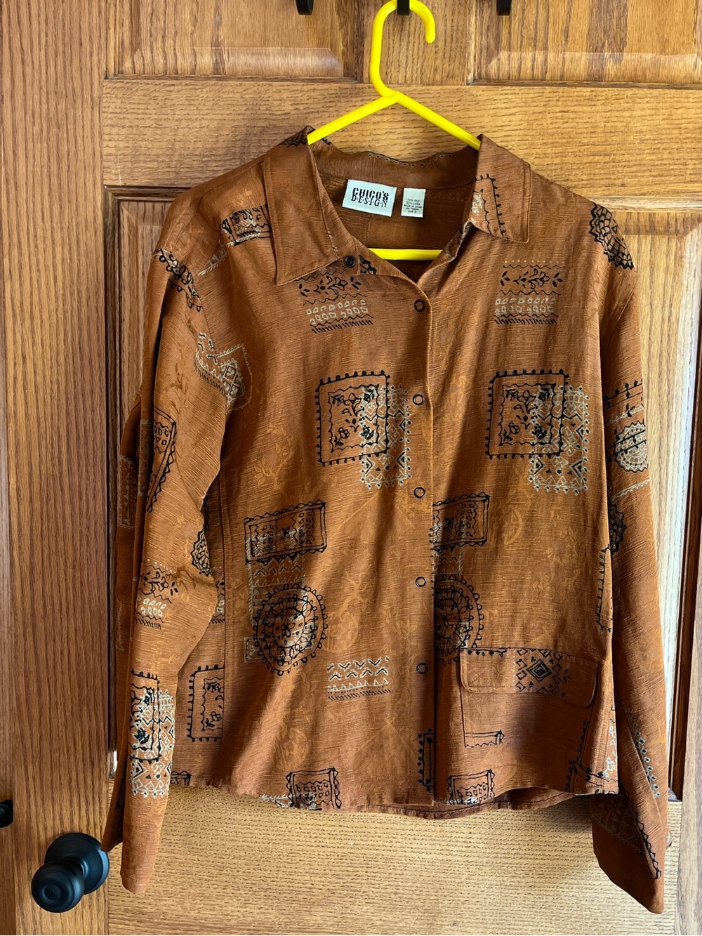 Chicos Rust Printed Snap Front Jacket Silk/Linen Asian Print size 2 (10-12)